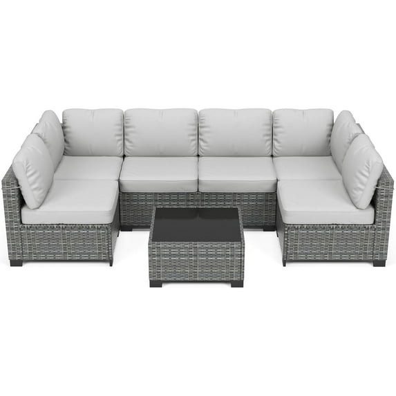 7-Piece Outdoor Patio Furniture Set – All-Weather PE Wicker Sectional Sofa with Cushions & Glass Coffee Table, Modular Conversation Set for Garden, Balcony, Poolside (6-Seater)