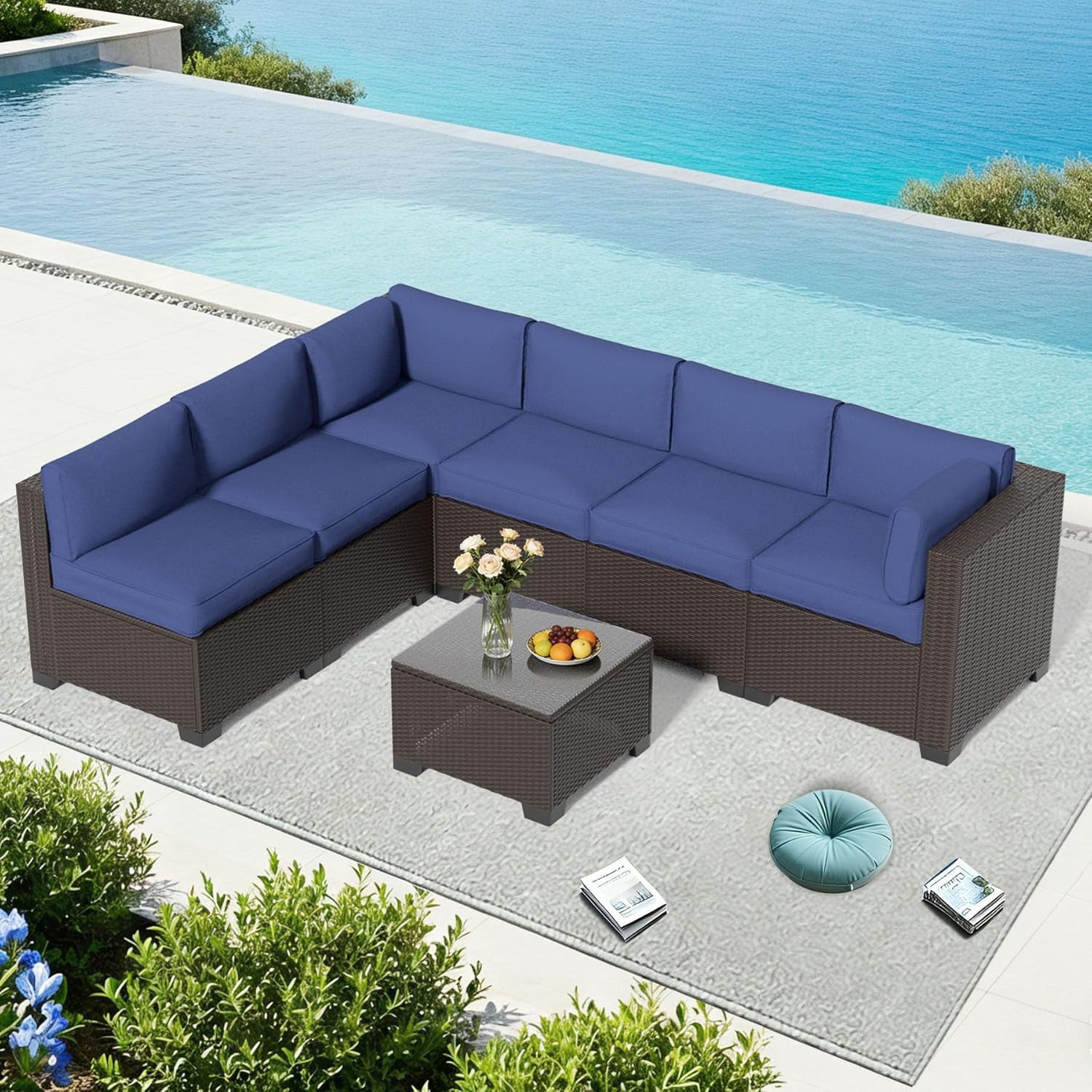 YLGJ&TIDY 7-Piece Outdoor Patio Set, All-Weather Rattan Sofa with Waterproof Cushions and Glass Table for Garden, Poolside, Navy Blue
