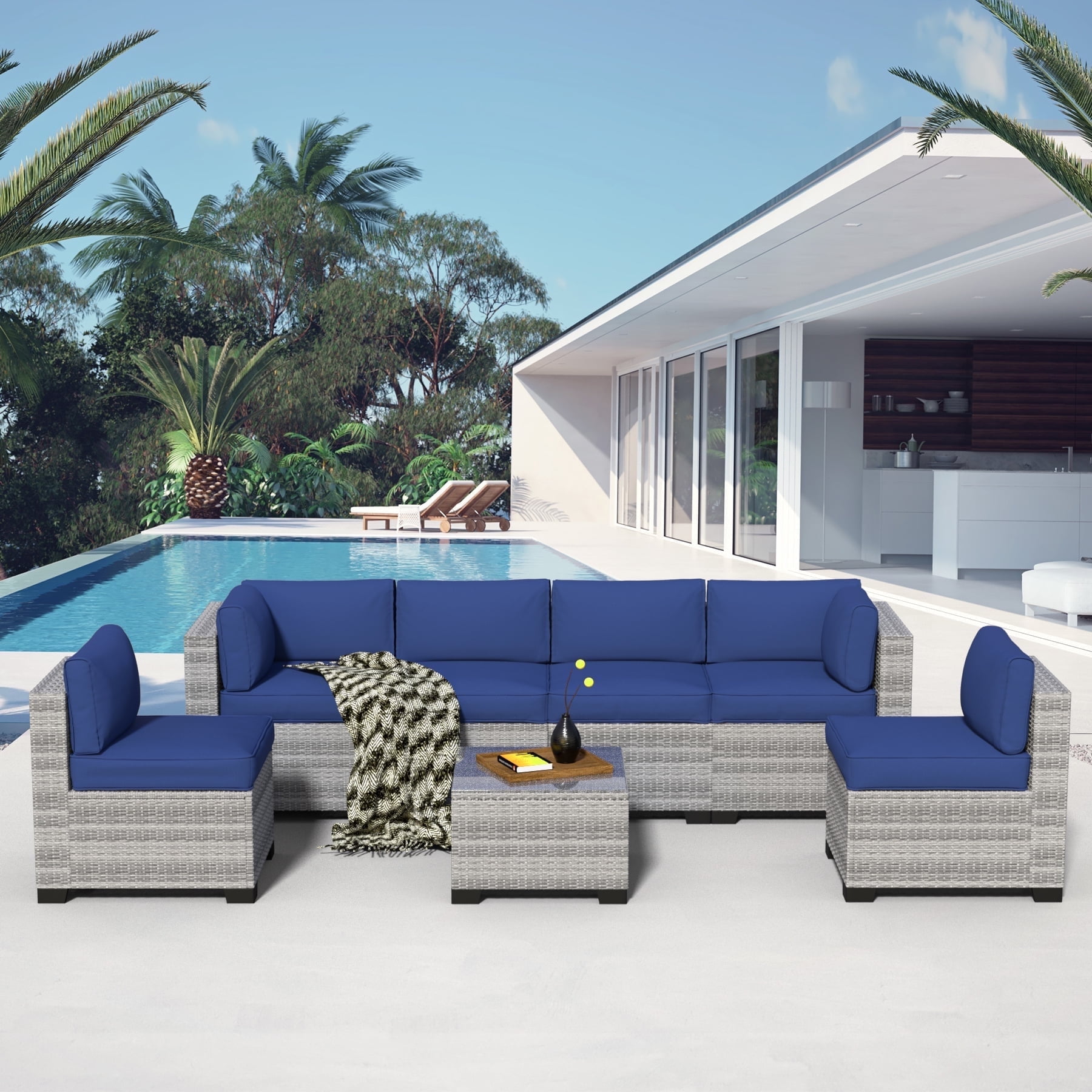 7-Piece Outdoor Patio Furniture Set, All-Weather Rattan Sectional Sofa with Waterproof Cushions & Tempered Glass Table, Perfect for Garden, Poolside, Backyard (Navy Blue)