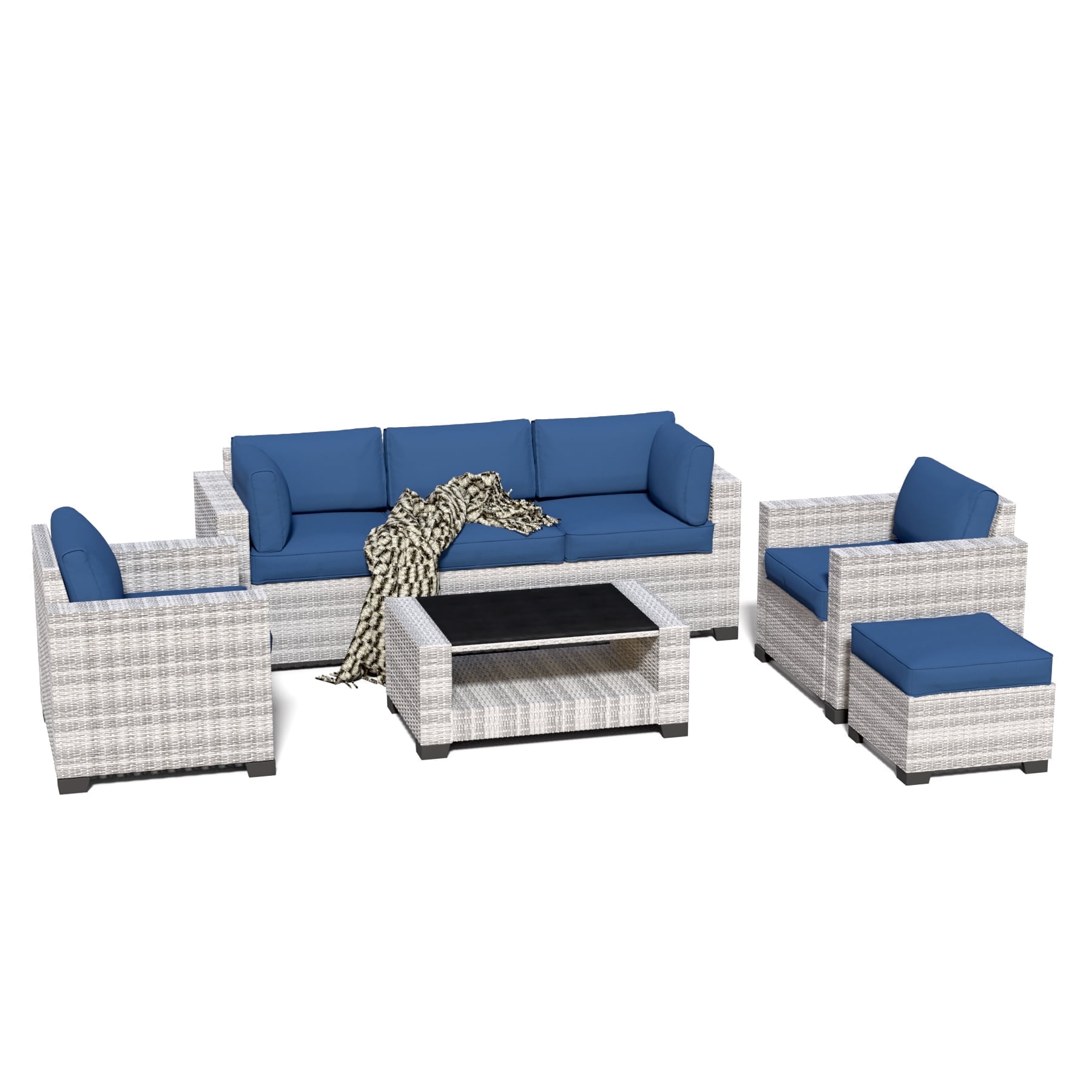 7-Piece Outdoor Patio Furniture Set, All-Weather Rattan Sectional Sofa with Waterproof Cushions & Tempered Glass Table, Perfect for Garden, Poolside, Backyard (Navy Blue)