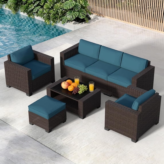 7-Piece Outdoor Patio Furniture Set, All-Weather Rattan Sectional Sofa with Waterproof Cushions & Tempered Glass Table, Perfect for Garden, Poolside, Backyard (Peacock Blue)