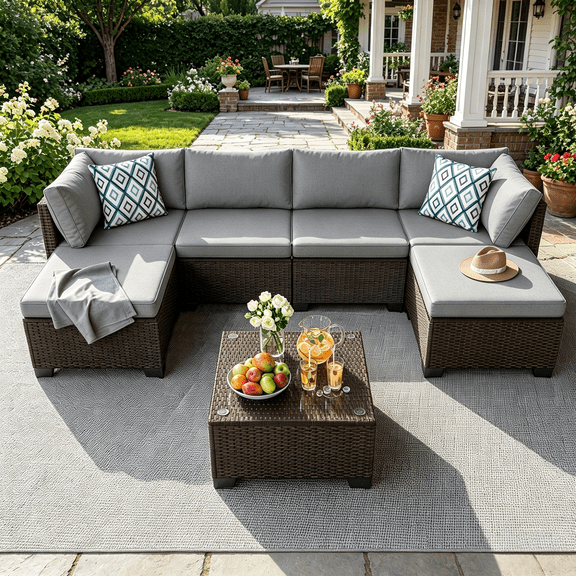 Outdoor Patio Furniture Set, Asofer Rattan Wicker Outdoor Conversation Sectional Sofa Set for Backyard,Porch,Poolside