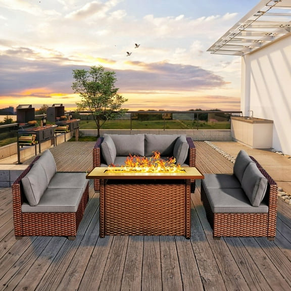 7 Piece Outdoor Patio Furniture Set, Asofer Rattan Wicker Outdoor Conversation Sectional Sofa Set, Gray