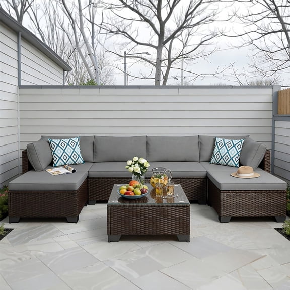 7 Piece Outdoor Patio Furniture Set, Asofer Rattan Wicker Outdoor Conversation Sectional Sofa Set, Gray