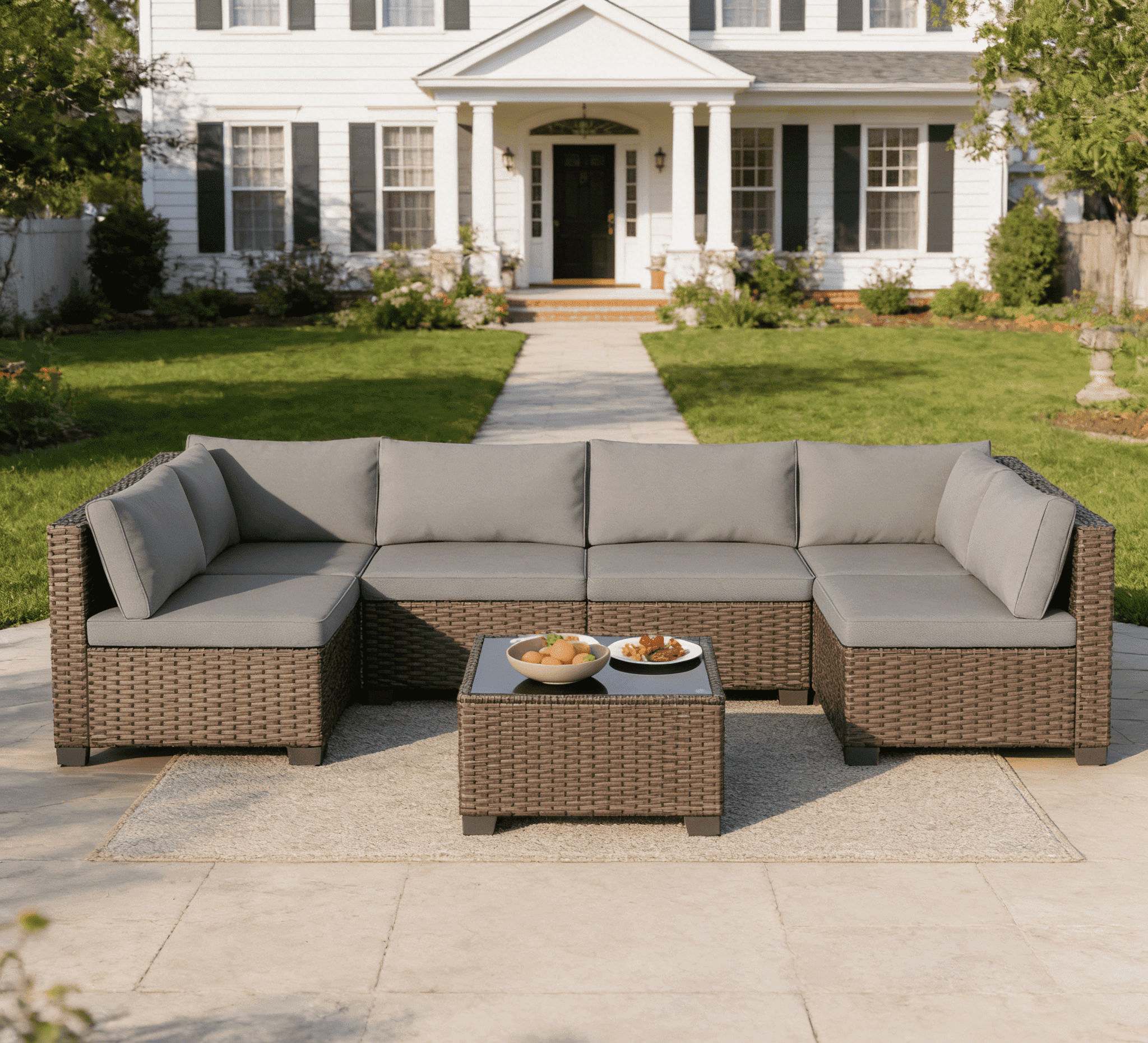 7 Piece Outdoor Patio Furniture Set, Asofer Rattan Wicker Outdoor Conversation Sectional Sofa Set, Gray