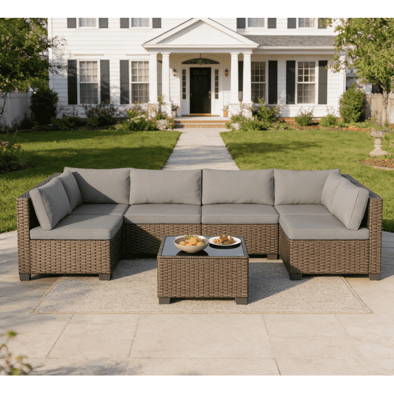 7 Piece Outdoor Patio Furniture Set, Asofer Rattan Wicker Outdoor Conversation Sectional Sofa Set, Gray