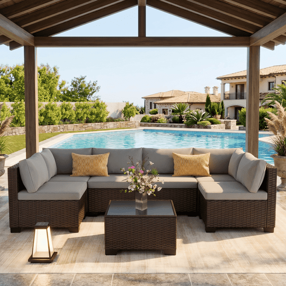 Outdoor Patio Furniture Set, Asofer Rattan Wicker Outdoor Conversation Sectional Sofa Set for Backyard,Porch,Poolside