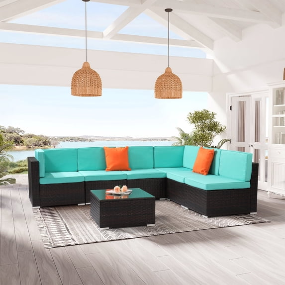 7 Piece Outdoor Patio Furniture Set, Black PE Rattan Wicker Sofa Set, Outdoor Sectional Furniture Chair Set with Blue Cushions and Tea Table