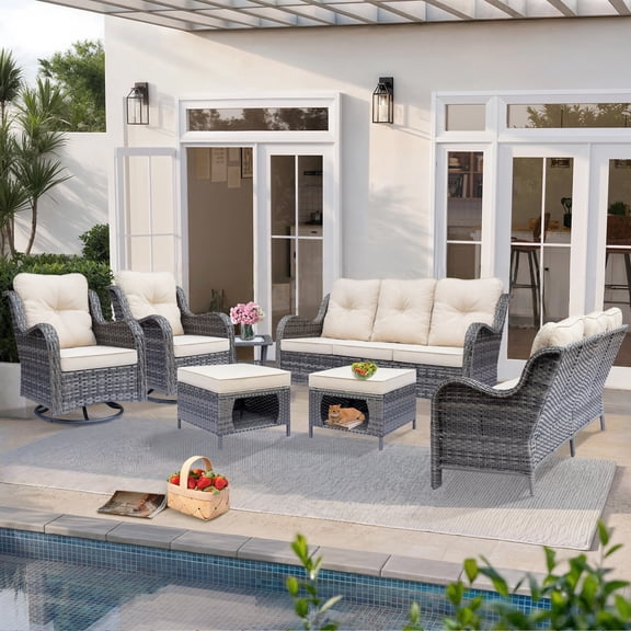 7 Piece Outdoor Patio Furniture Set Grey Wicker Patio Furniture-2 Wicker Swivel Rocker Patio Chairs with 2 Outdoor Ottoman and 2 Wicker Outdoor Couch & 1 Side Table, All Weather Patio Furniture Set