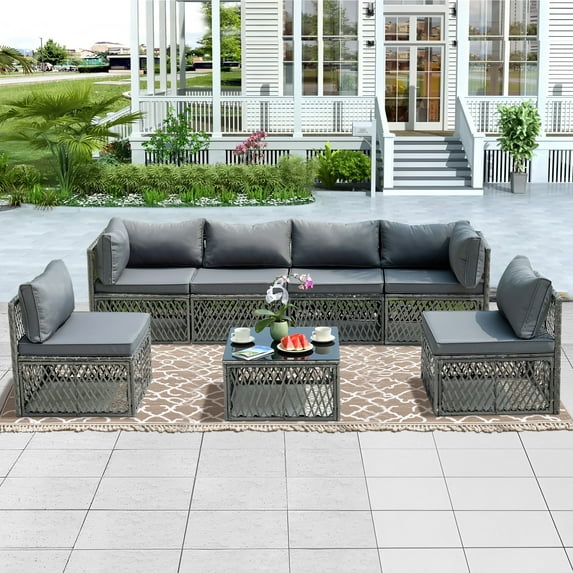 7 Piece Outdoor Patio Furniture Set, Modular Outdoor Sectional Sofa Set with Removable Cushions, PE Rattan Conversation Sets with Coffee Table, Gray