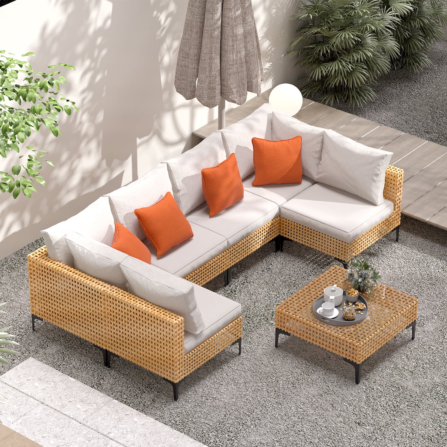 7 Piece Outdoor Patio Furniture Set Modular Outdoor Furniture Set Wicker Outdoor Sectional Sofa with Cushions and Tea Table Patio Set for Balcony Porch Deck (Yellow Wicker, Beige Cushion)