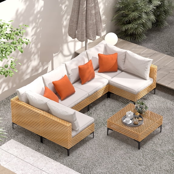 7 Piece Outdoor Patio Furniture Set Modular Outdoor Furniture Set Wicker Outdoor Sectional Sofa with Cushions and Tea Table Patio Set for Balcony Porch Deck (Yellow Wicker, Beige Cushion)