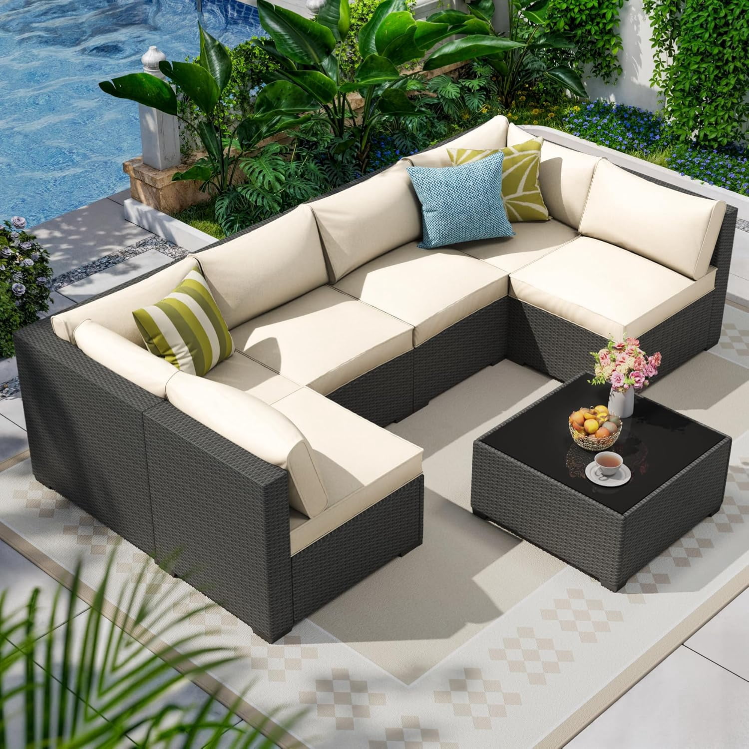 7-Piece Outdoor Patio Sectional Set - Modular Rattan Sofa With Thick Cushions & Coffee Table