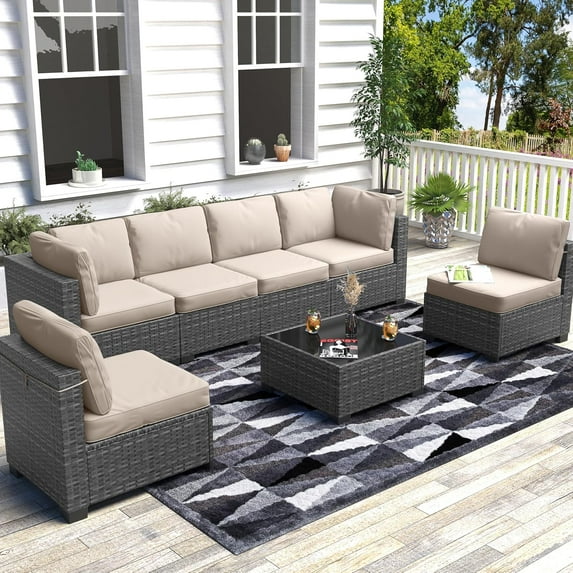 7-Piece Outdoor Patio Furniture Set, PE Rattan Conversation Sofa Set with Thick Cushions and Glass Top Coffee Table, All-Weather Wicker Furniture for Garden, Balcony, and Porch