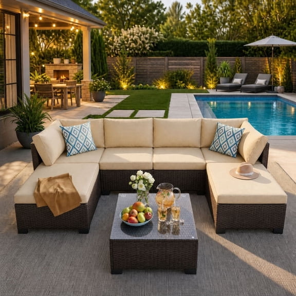 7-Piece Outdoor Patio Furniture Set, PE Rattan Sectional Sofa for 6 with Tempered Glass Table & Waterproof Cushions, All-Weather Conversation Set for Garden - Beige