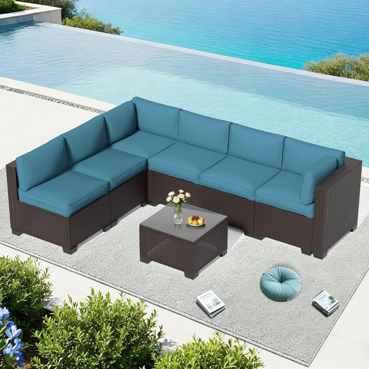 7-Piece Outdoor Patio Furniture Set, PE Rattan Sectional Sofa with Waterproof Cushions & Coffee Table, Modern Patio Conversation Set for Porch, Balcony, Backyard (Peacock Blue)