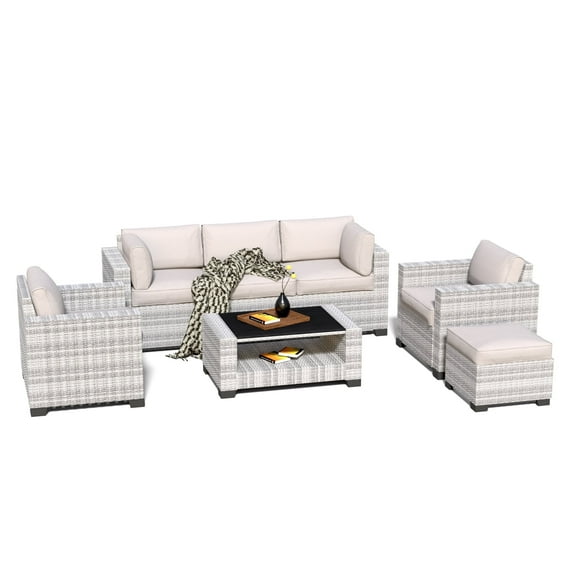 7-Piece Outdoor Patio Furniture Set, PE Rattan Sectional Sofa with Waterproof Cushions & Coffee Table, Modern Patio Conversation Set for Porch, Balcony, Backyard