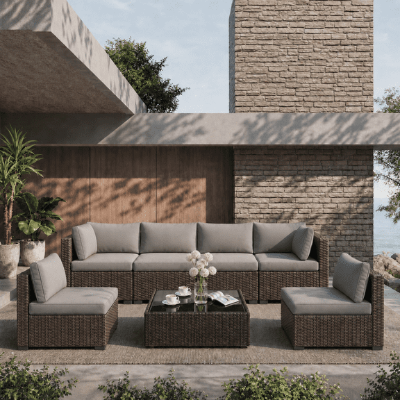 7 Piece Outdoor Patio Furniture Set, PE Rattan Wicker Sectional Patio Couch with Tempered Glass Coffee Table & Non-Slip Cushions, Grey