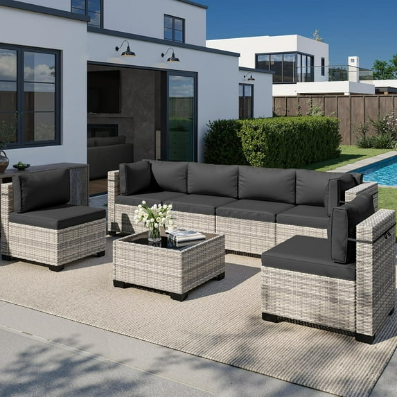 7-Piece Outdoor Patio Furniture Set, PE Wicker Rattan Sectional Sofa Conversation Set with Tempered Glass Table & Thick Cushions - All-Weather Garden, Backyard Furniture,Dark Grey