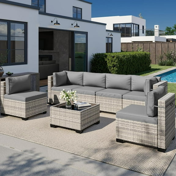 7-Piece Outdoor Patio Furniture Set, PE Wicker Rattan Sectional Sofa Conversation Set with Tempered Glass Table & Thick Cushions - All-Weather Garden, Backyard Furniture,Grey