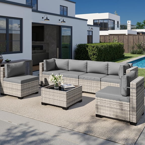 7-Piece Outdoor Patio Furniture Set, PE Wicker Rattan Sectional Sofa Conversation Set with Tempered Glass Table & Thick Cushions - All-Weather Garden, Backyard Furniture,Grey