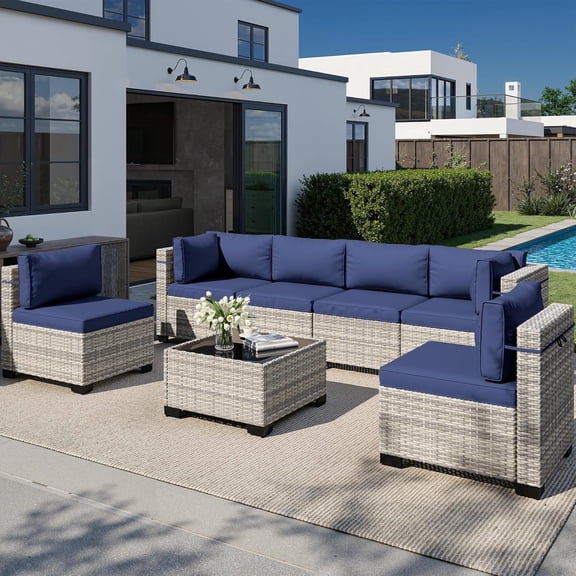 7-Piece Outdoor Patio Furniture Set, PE Wicker Rattan Sectional Sofa Conversation Set with Tempered Glass Table & Thick Cushions - All-Weather Garden, Backyard Furniture,Navy Blue