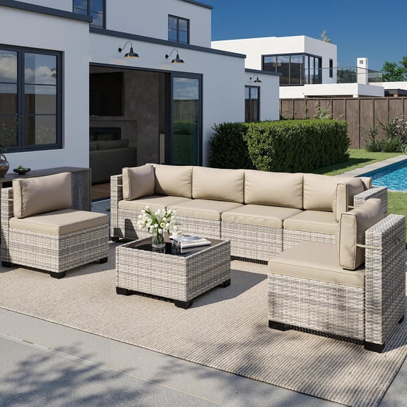 7-Piece Outdoor Patio Furniture Set, PE Wicker Rattan Sectional Sofa Conversation Set with Tempered Glass Table & Thick Cushions - All-Weather Garden, Backyard Furniture,Beige