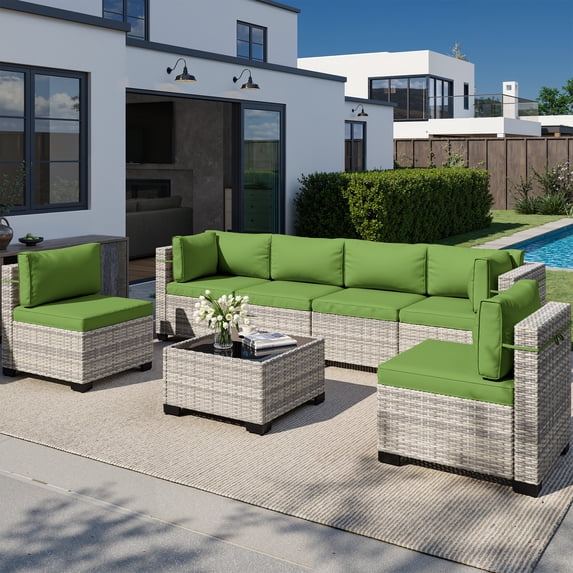 7-Piece Outdoor Patio Furniture Set, PE Wicker Rattan Sectional Sofa Conversation Set with Tempered Glass Table & Thick Cushions - All-Weather Garden, Backyard Furniture,Grass Green