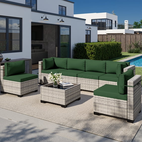 7-Piece Outdoor Patio Furniture Set, PE Wicker Rattan Sectional Sofa Conversation Set with Tempered Glass Table & Thick Cushions - All-Weather Garden, Backyard Furniture,Dark Green