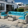 thumbnail image 1 of 7-Piece Outdoor Patio Furniture Set, PE Wicker Rattan Sectional Sofa Conversation Set with Tempered Glass Table & Thick Cushions - All-Weather Garden, Backyard Furniture,Turquoise, 1 of 7