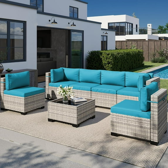 7-Piece Outdoor Patio Furniture Set, PE Wicker Rattan Sectional Sofa Conversation Set with Tempered Glass Table & Thick Cushions - All-Weather Garden, Backyard Furniture,Turquoise
