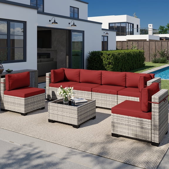 7-Piece Outdoor Patio Furniture Set, PE Wicker Rattan Sectional Sofa Conversation Set with Tempered Glass Table & Thick Cushions - All-Weather Garden, Backyard Furniture,Red