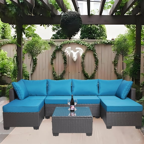 7-Piece Outdoor Patio Furniture Set | Rust-Resistant for Garden Use | PE Rattan & Metal Frame | Comfortable Seating with High-Density Sponge