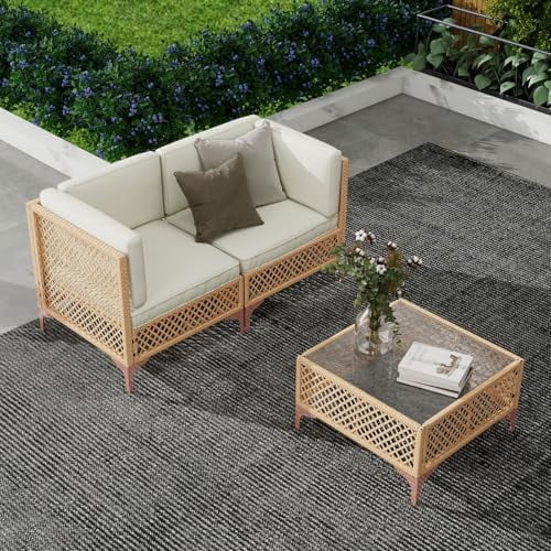 7-Piece Outdoor Patio Furniture Set, Wicker Outdoor Sectional Set with Tempered Glass Coffee Table, Boho Conversation Sectional Sofa (3 Patio Furniture)$$Garden & Patio