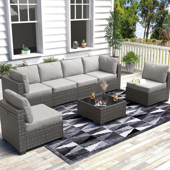 7-Piece Outdoor Patio Sectional Sofa Set – All-Weather Wicker Rattan, Cushions, Coffee Table, Modular Conversation Set for Garden, Backyard, Porch, Poolside – Grey & Beige