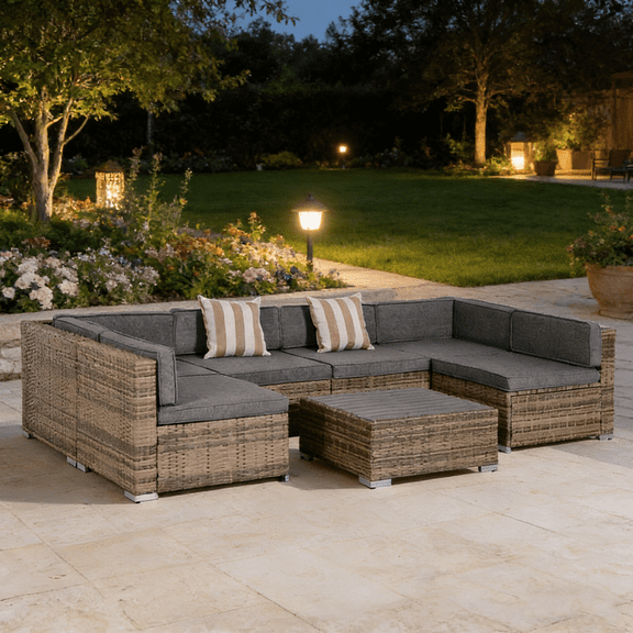 7-Piece Outdoor Rattan Sectional Sofa Set, Patio Wicker Conversation Furniture with Removable Cushions & Coffee Table, Modular Patio Sectional for Backyard, Poolside, Garden