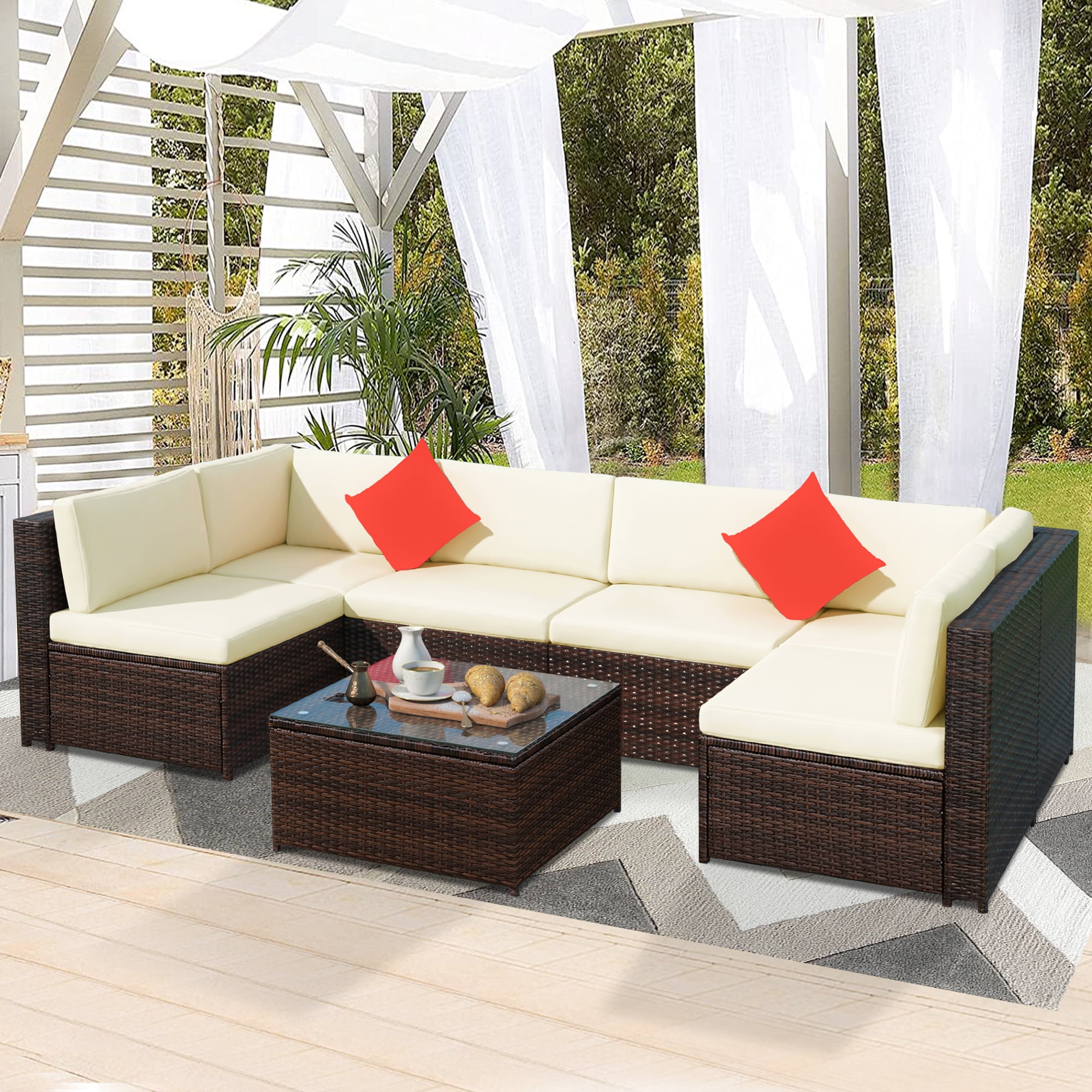 7 Piece Outdoor Sectional Conversation Sets, AllWeather Patio Wicker