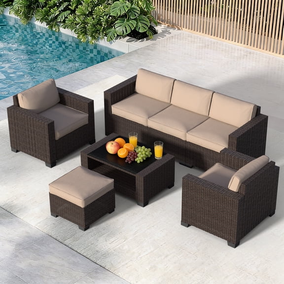 7-Piece Outdoor Sectional Patio Furniture Set, All-Weather Wicker Rattan Sofa with Thick Washable Cushions & Tempered Glass Table, Perfect for Garden, Poolside, Backyard (khaki)
