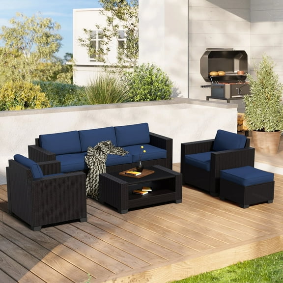 7-Piece Outdoor Sectional Patio Furniture Set, All-Weather Wicker Rattan Sofa with Thick Washable Cushions & Tempered Glass Table, Perfect for Garden, Poolside, Backyard (Navy blue)