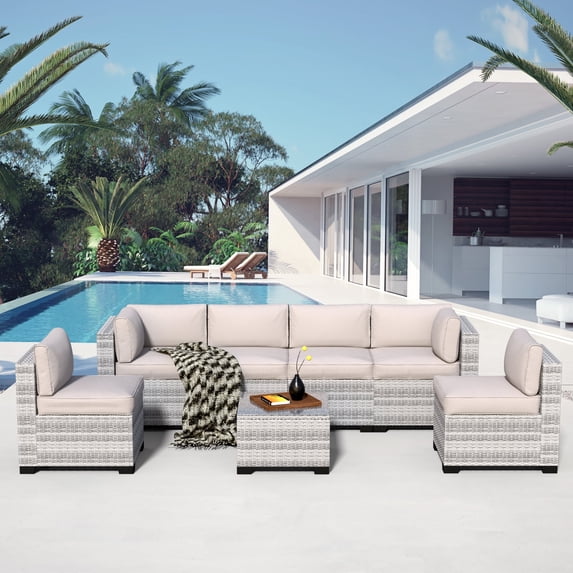 7-Piece Outdoor Sectional Patio Furniture Set, All-Weather Wicker Rattan Sofa with Thick Washable Cushions & Tempered Glass Table, Perfect for Garden, Poolside, Backyard (Dusty Gray)