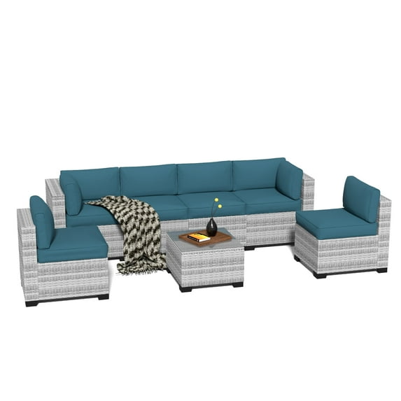 7-Piece Outdoor Sectional Patio Furniture Set, All-Weather Wicker Rattan Sofa with Thick Washable Cushions & Tempered Glass Table, Perfect for Garden, Poolside, Backyard (Peacock Blue)
