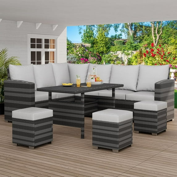 7-Piece Outdoor Sectional Set with Dining Table & Ottoman, PE Rattan Patio Furniture for All-Weather Comfort