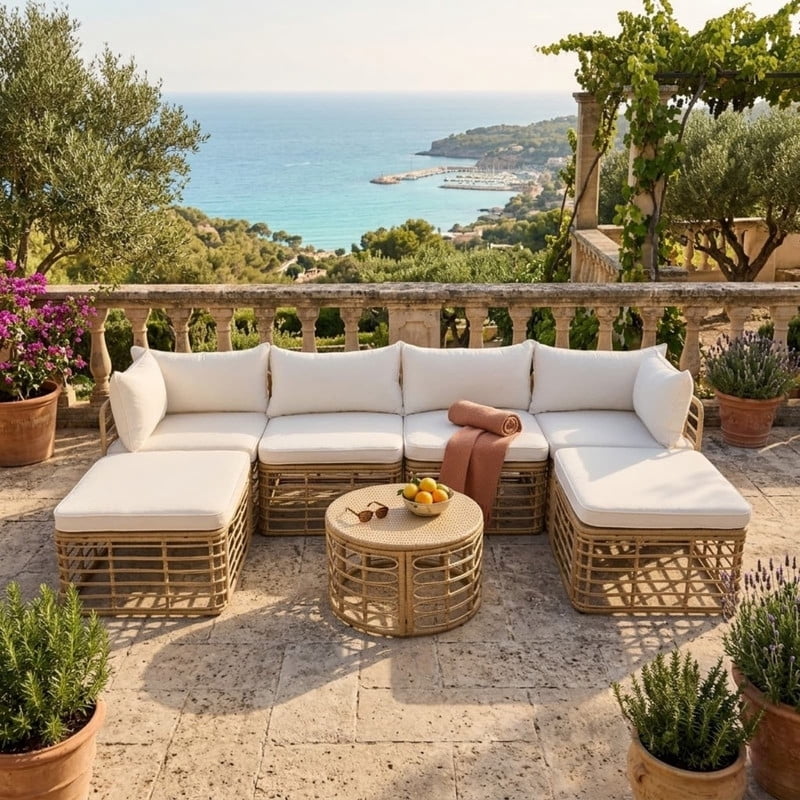 7-Piece Outdoor Sectional Sofa with Coffee Table and 2 Ottomans, Patio Furniture Set with Thick Cushions and Pillows, Outdoor Conversation Set for Garden Backyard