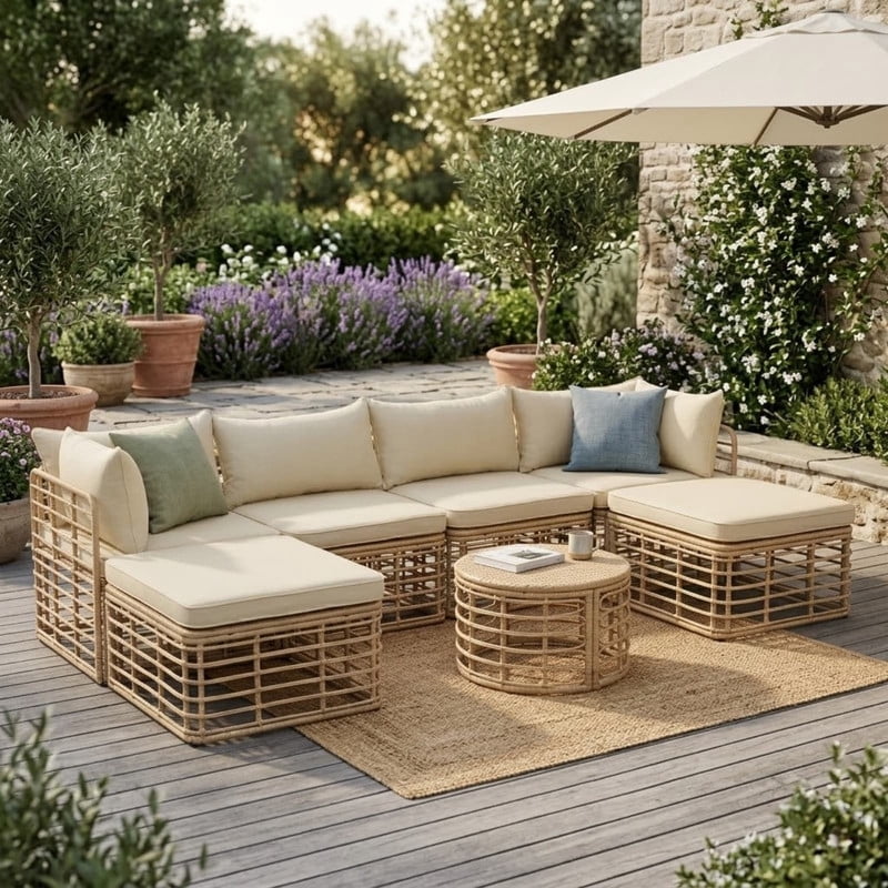 7-Piece Outdoor Sectional Sofa with Coffee Table and 2 Ottomans, Patio Furniture Set with Thick Cushions and Pillows, Outdoor Conversation Set for Garden Backyard