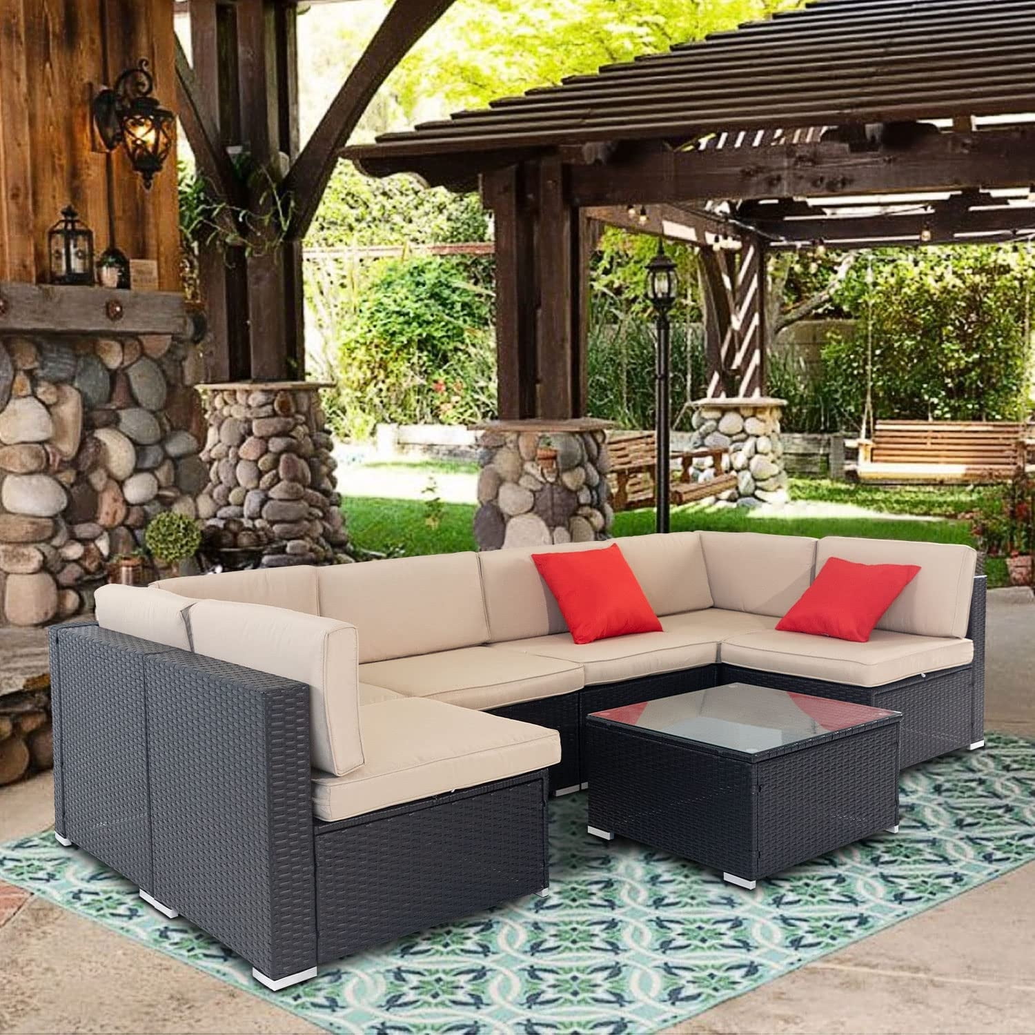 7Piece Outdoor Sectional Sofa Couch PE Rattan Wicker Modular Patio
