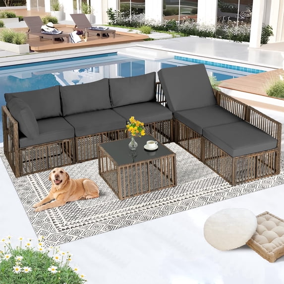 7 Piece Outdoor Sectional Sofa Set, All-Weather Patio Furniture with Washable Cushions, Waterproof Brown Rattan Wicker Conversation Set for Backyard, Poolside, Gray Cushion