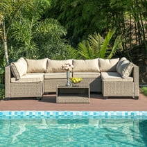 7-Piece Outdoor Sectional Sofa Set with Glass Coffee Table Beige Rattan & Khaki Cushion