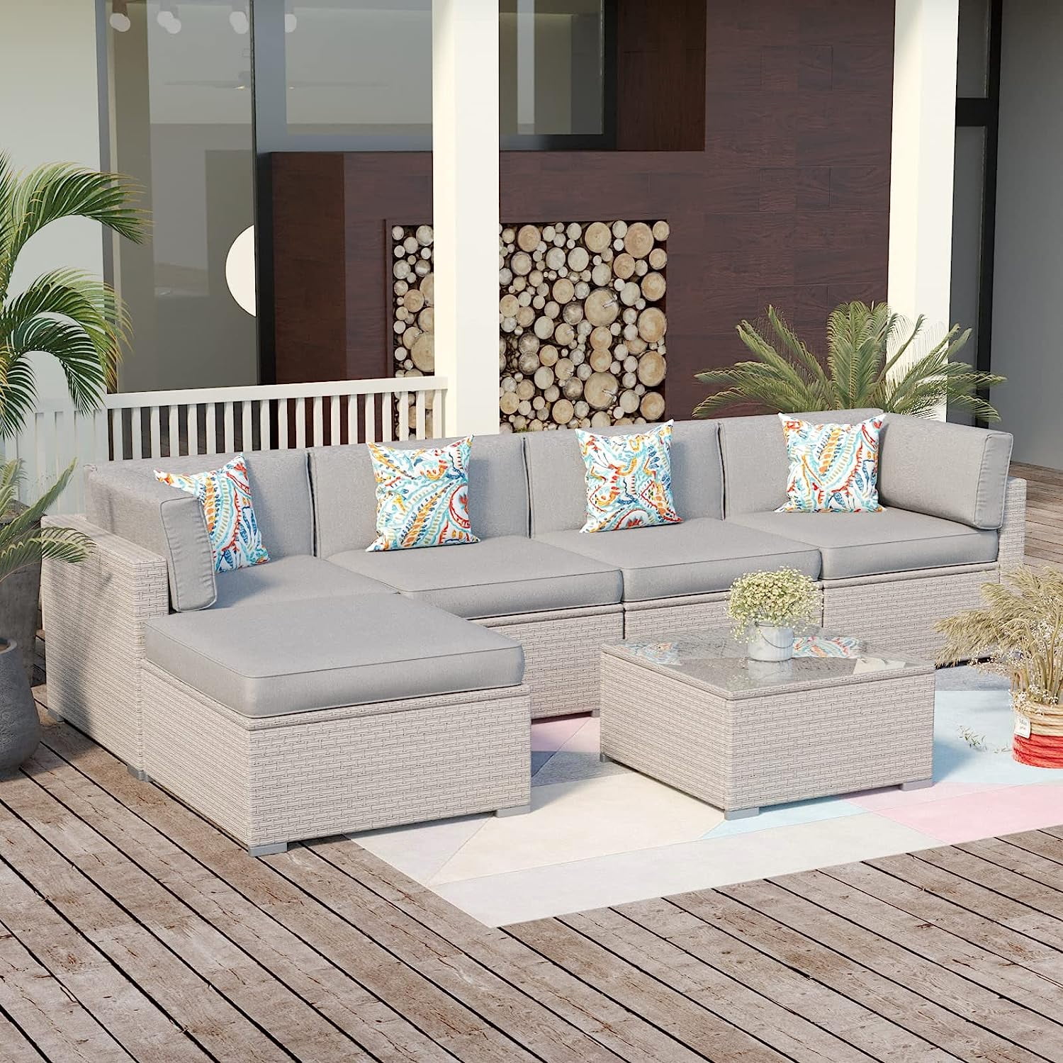 7-Piece Outdoor Sectional Wicker Sofa in Gray Cushions Gray Wicker ...