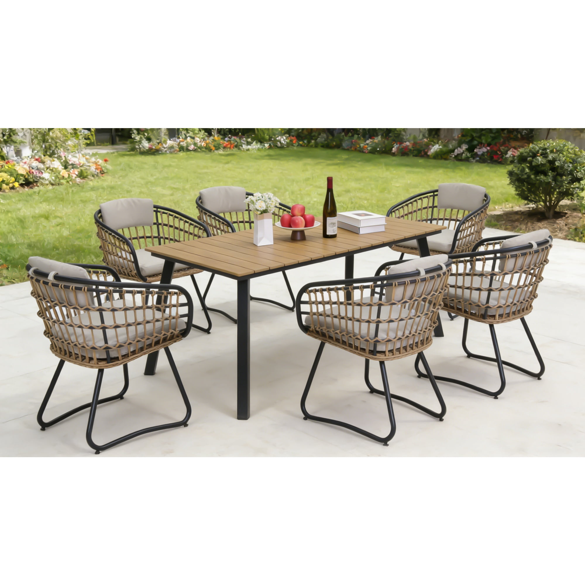 7-Piece Outdoor Wicker Dining Set with Acacia Wood Table, Patio Dining Furniture Set with 6 Rattan Chairs & Cushions for Garden, Deck, Backyard, Yellow