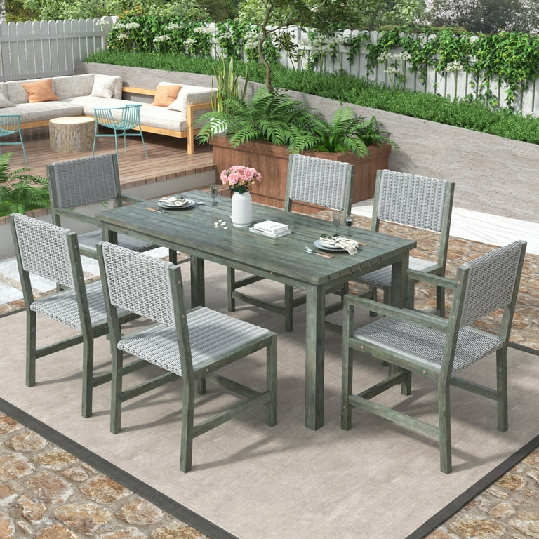 7 Piece Outdoor Wicker Dining Set Patio Dining Table Set for 6 Persons Garden Patio HDPE Rattan Dining Furniture Set Dining Table Chairs